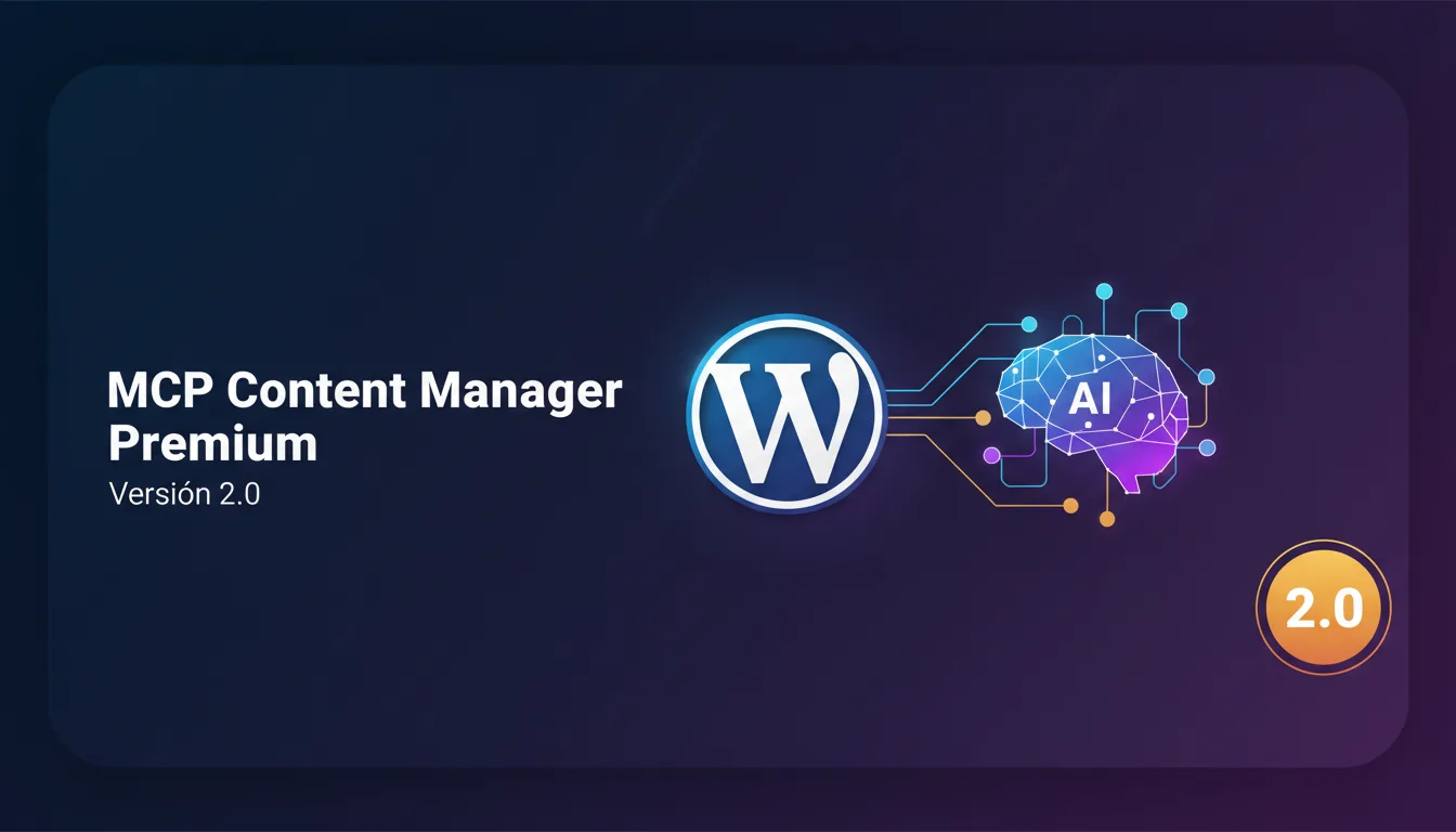 Professional software product banner for a WordPress plugin called ‘MCP Content Manager Premium’. Mo MCP Content Manager Premium Versión 2.0 - Plugin para gestionar WordPress y WooCommerce con IA