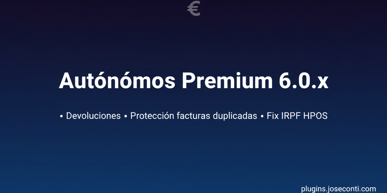 Nueva versión de WooCommerce Autónomos Premium 6.0.x con devoluciones, protección contra facturas duplicadas y fix IRPF HPOS