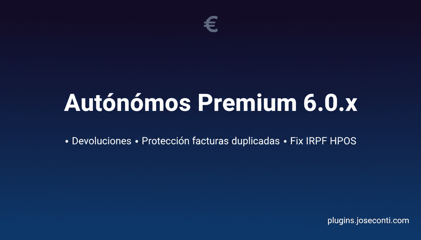 Professional WordPress plugin release announcement banner. Dark blue gradient background (#1a237e to Nueva versión de WooCommerce Autónomos Premium 6.0.x con devoluciones, protección contra facturas duplicadas y fix IRPF HPOS