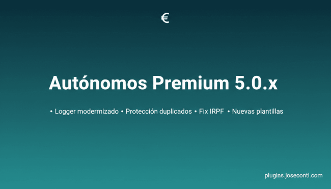 Professional WordPress plugin release announcement banner. Dark teal gradient background (#004d40 to Nueva versión de WooCommerce Autónomos Premium 5.0.x con logger modernizado, protección contra facturas duplicadas, fix IRPF y nuevas plantillas