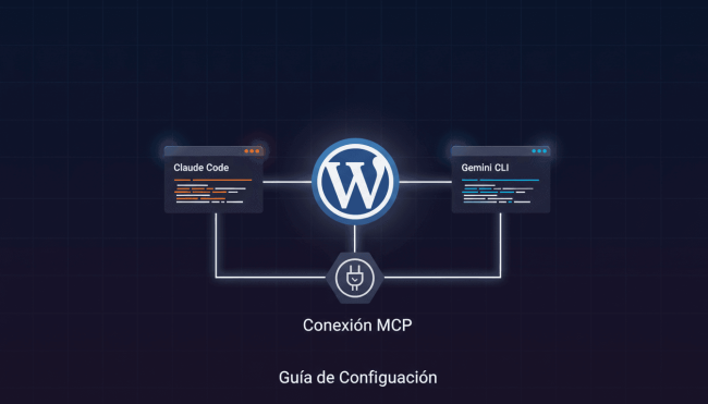 A clean, modern tech illustration showing the concept of connecting AI coding assistants to WordPres Imagen representativa de la guía de conexión MCP entre Claude Code, Gemini CLI y WordPress