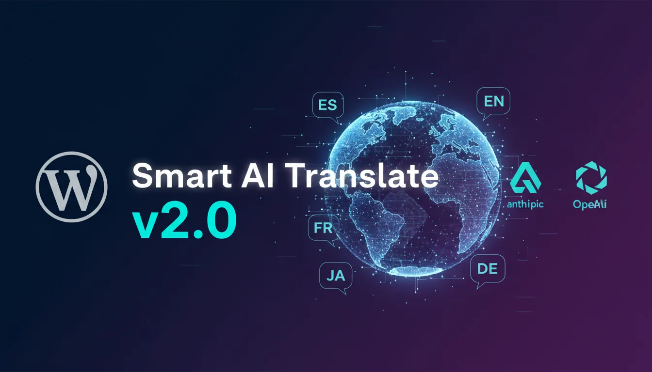 A modern, sleek tech banner for a WordPress plugin release announcement. Dark gradient background tr Smart AI Translate v2.0 - Nueva versión con soporte para Anthropic Claude, arquitectura multi-proveedor y navegación FSE