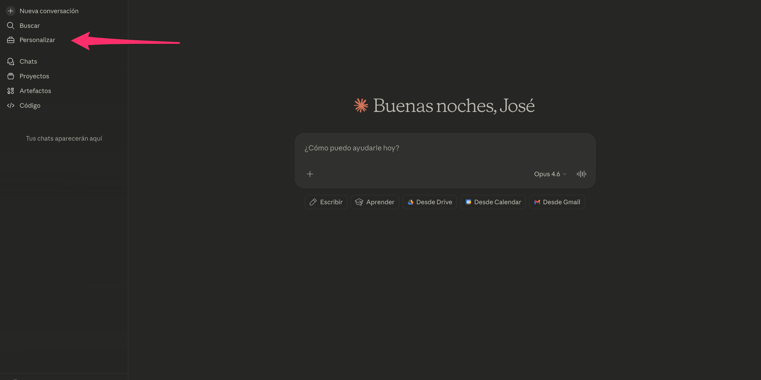 Claude – Menú Personalizar Interfaz de Claude mostrando el menú lateral con la opción Personalizar señalada