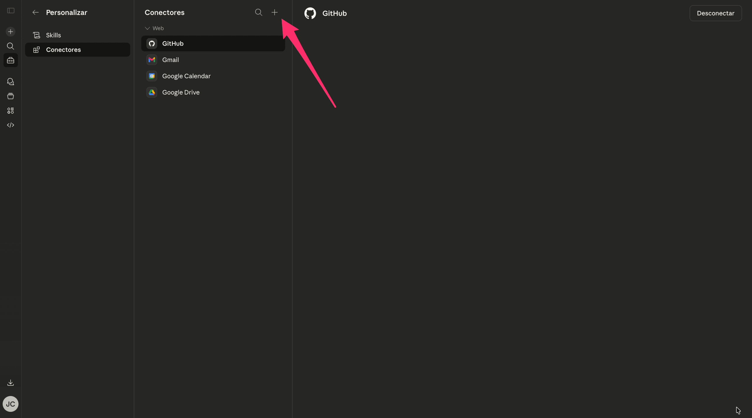 Sección Conectores de Claude con el botón + para añadir un nuevo conector