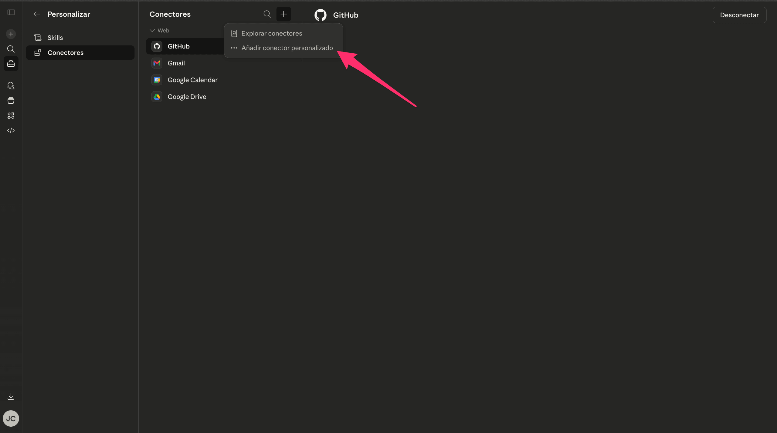 Menú desplegable con las opciones Explorar conectores y Añadir conector personalizado