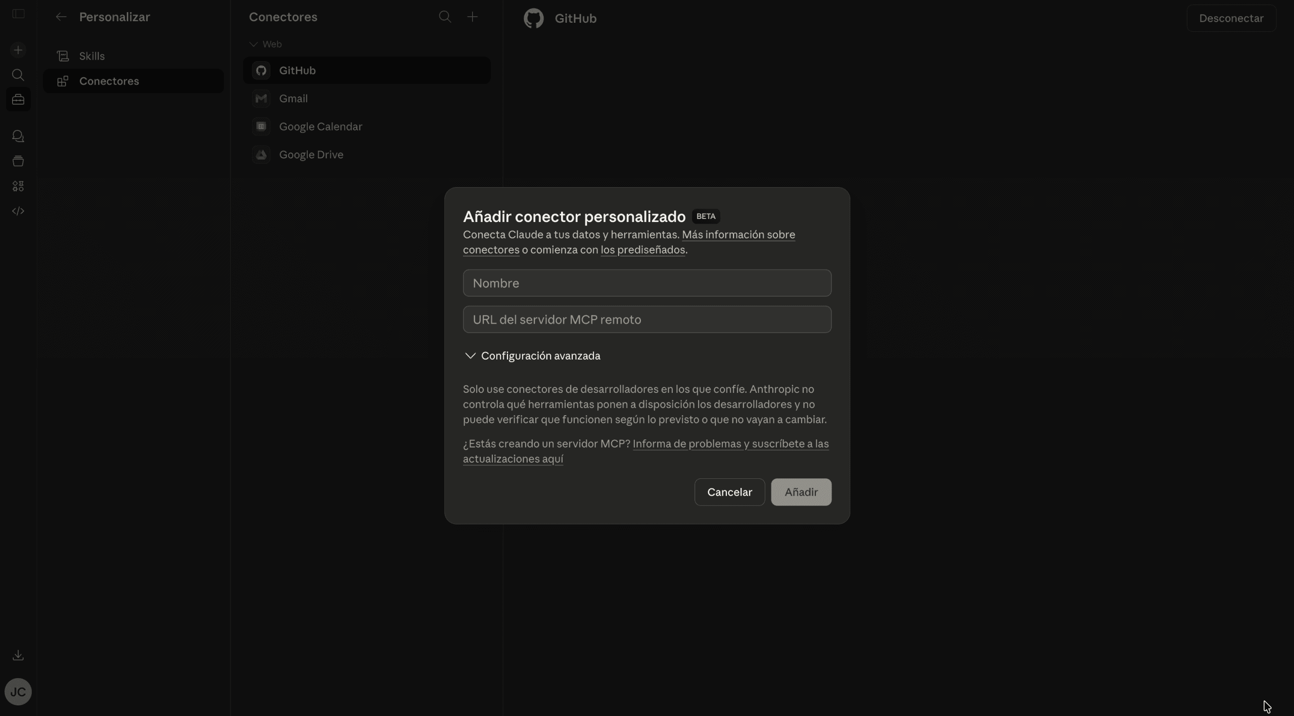Formulario para añadir conector personalizado en Claude con campos Nombre y URL