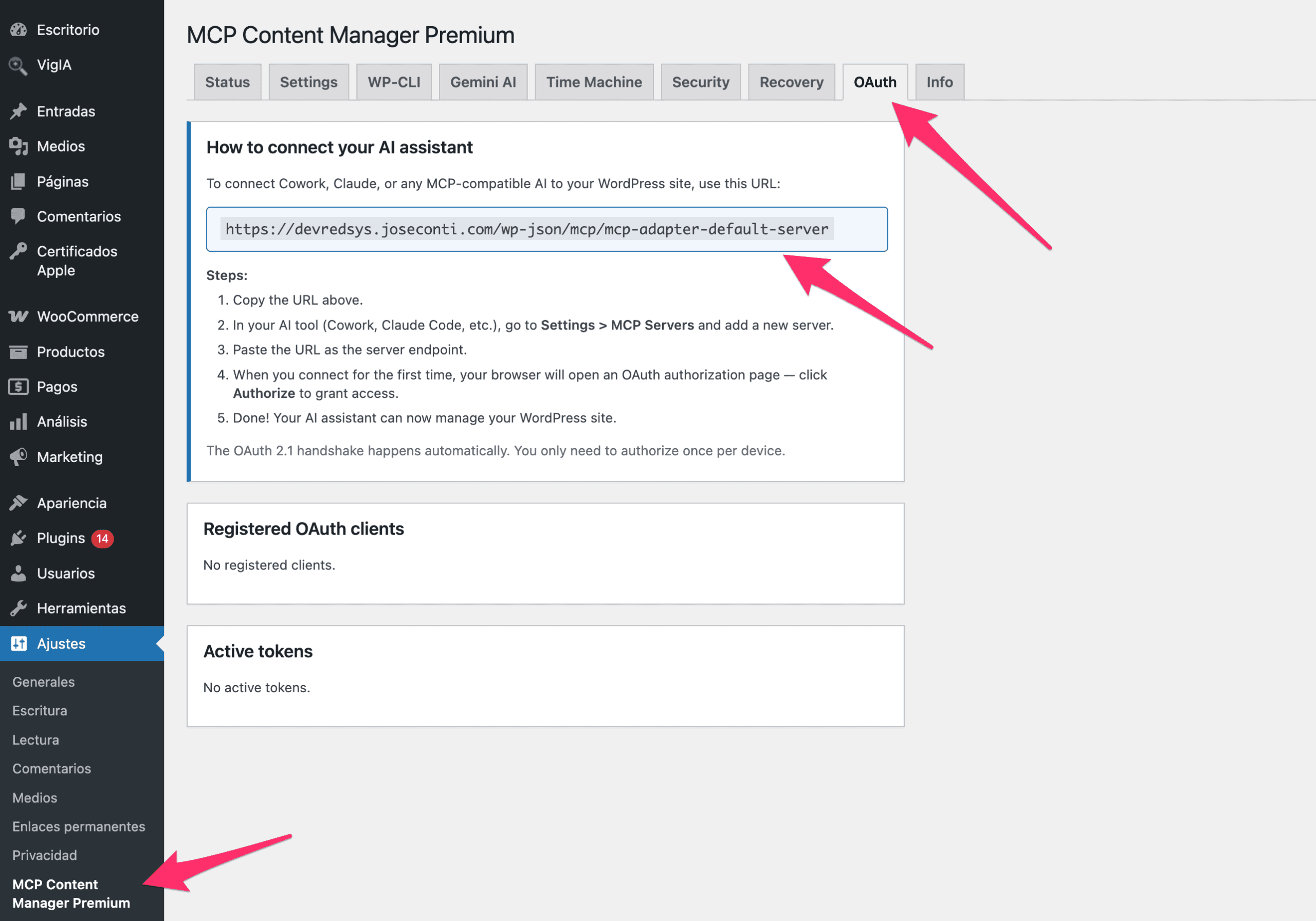 Panel de WordPress con MCP Content Manager Premium, pestaña OAuth, mostrando la URL del servidor MCP