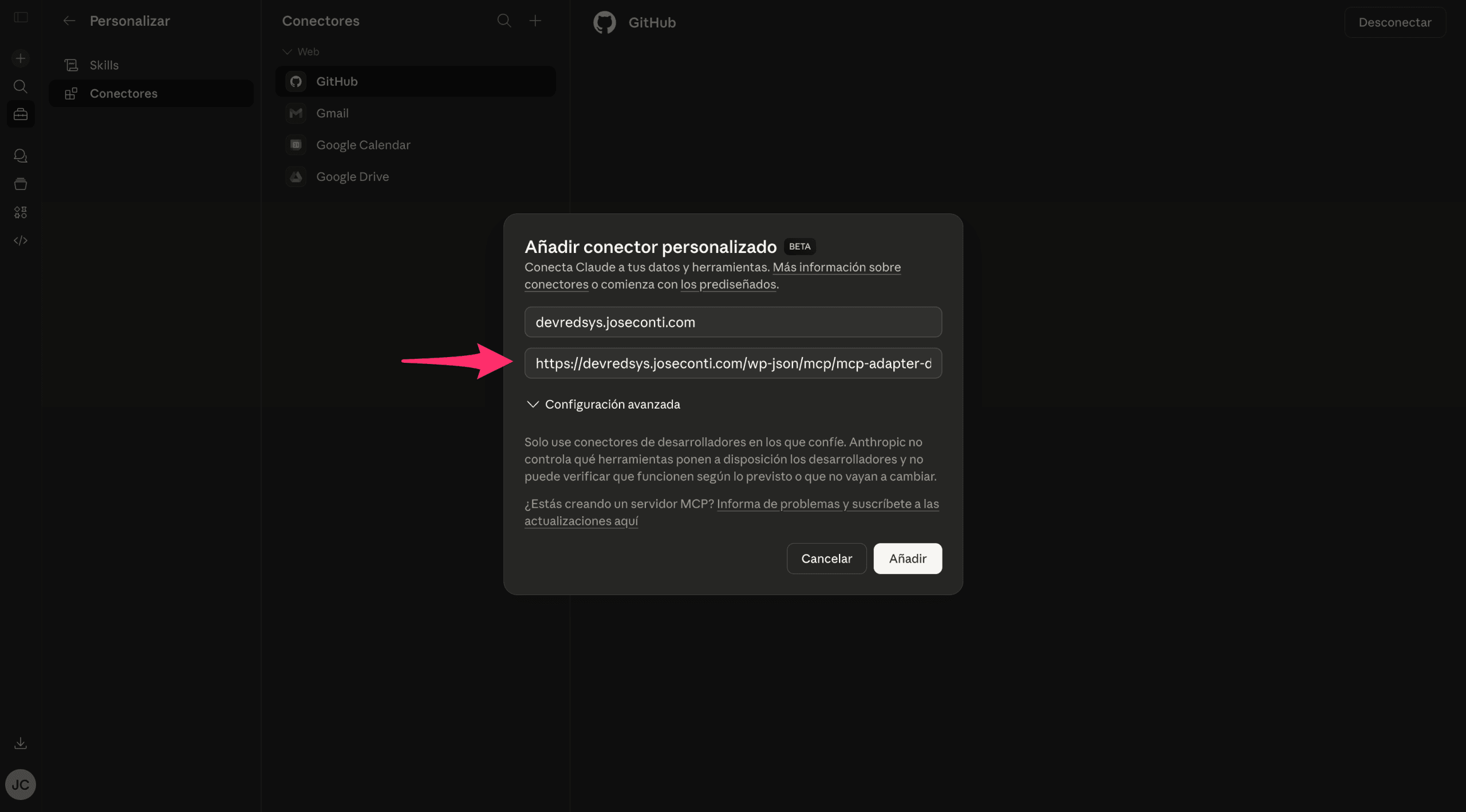 Conector personalizado configurado con el nombre del sitio y la URL del servidor MCP
