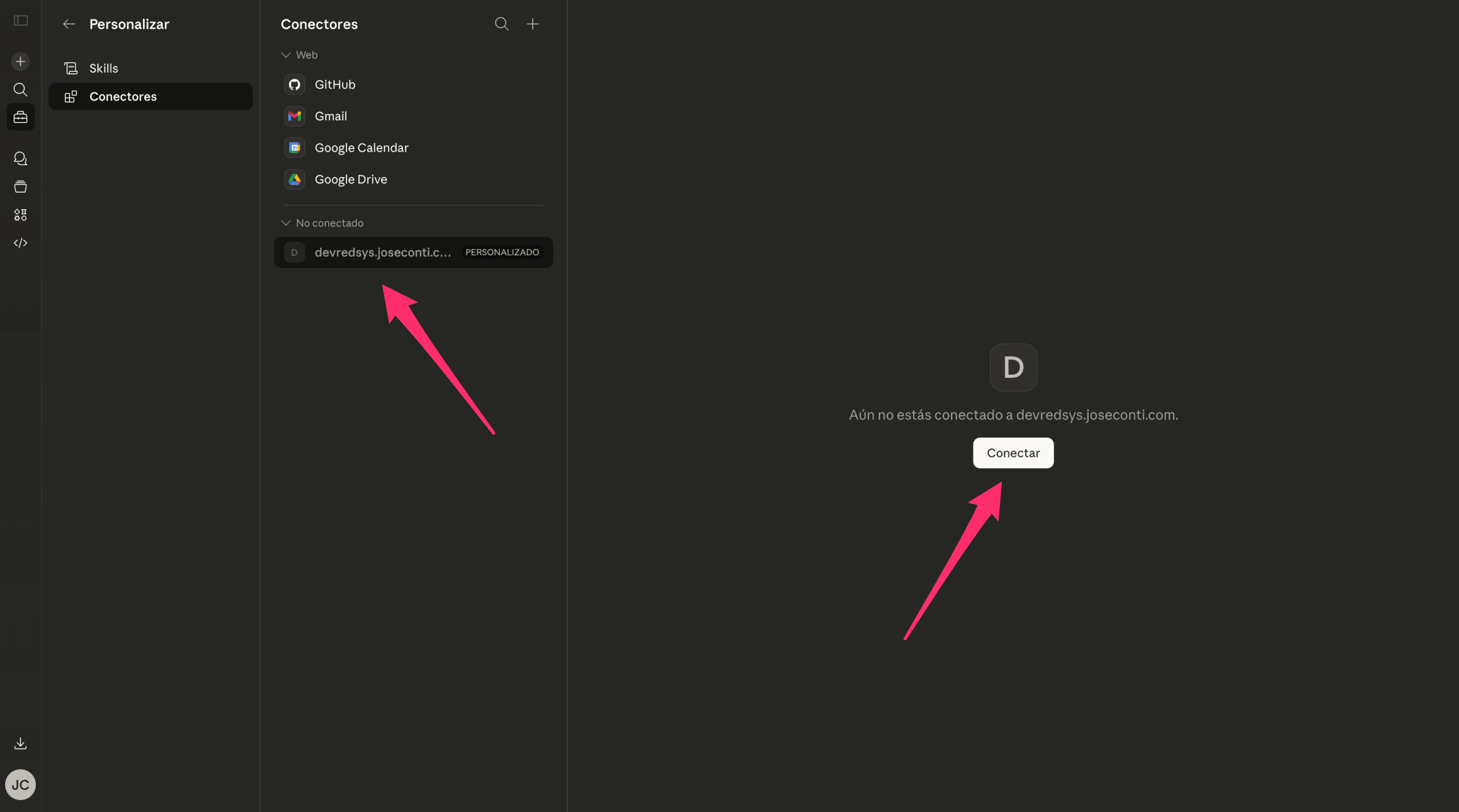 Conector personalizado añadido como No conectado con el botón Conectar