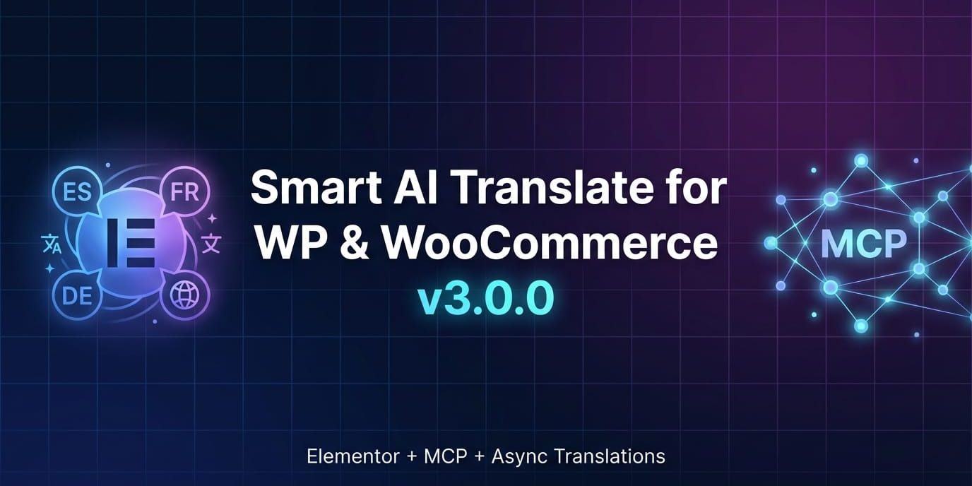 A modern, sleek technology banner for a WordPress plugin release announcement. Dark gradient backgro Smart AI Translate for WordPress & WooCommerce v3.0.0 - Compatibilidad Elementor, integración MCP y traducciones async en paralelo