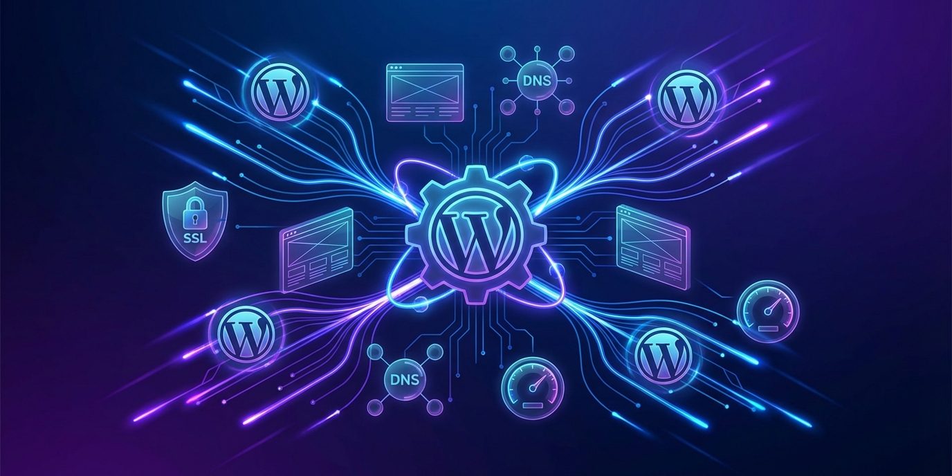 A dramatic and impactful software product banner for a WordPress plugin. Dark blue to deep purple gr MCP Content Manager Premium 3.0.x — Network Hub y System Diagnostics
